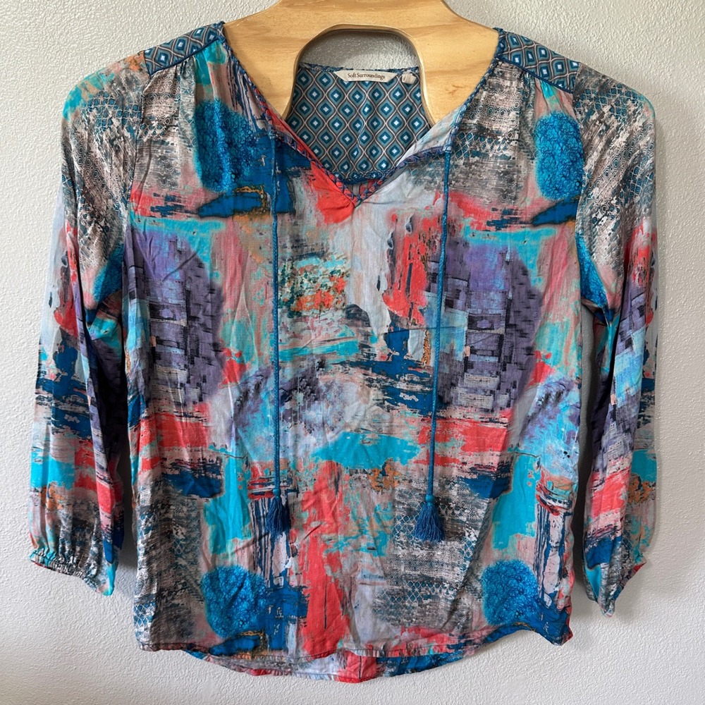 Soft Surroundings Abstract Print Blouse‎ Art to Wear Long Sleeve Top Size Large